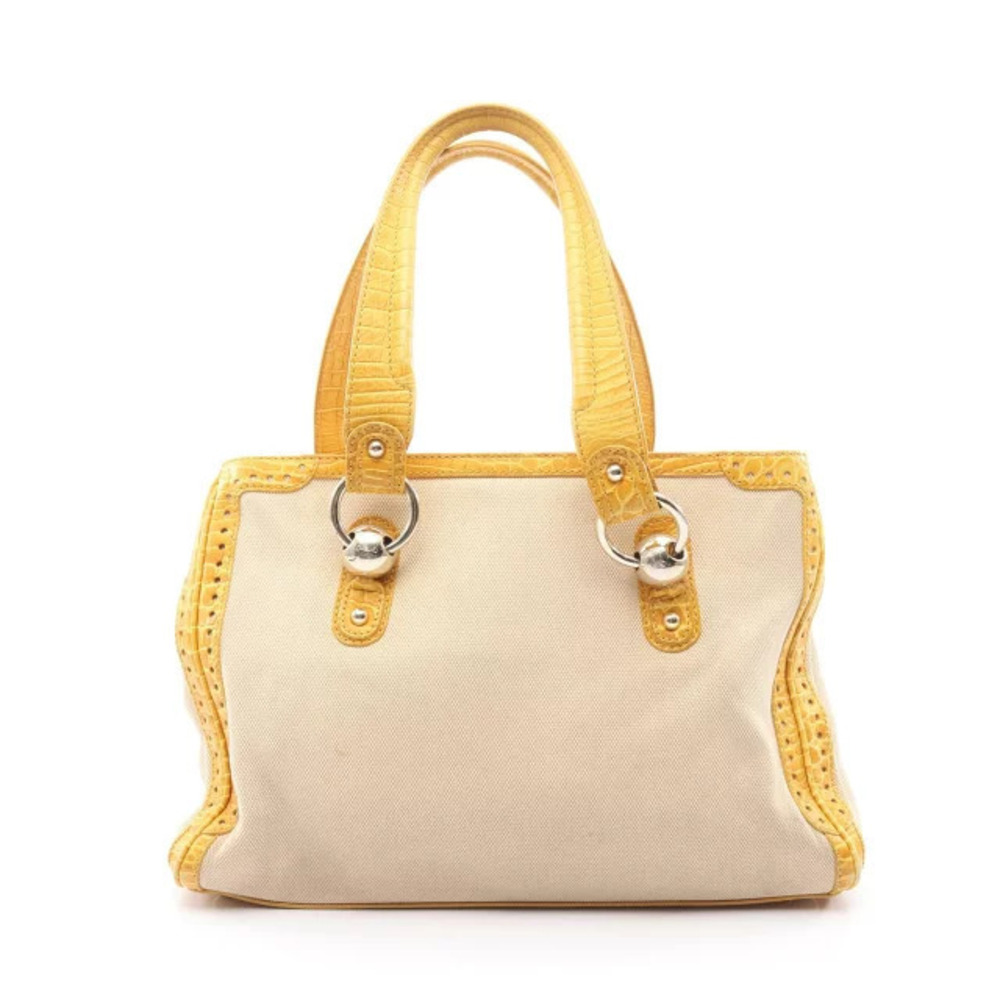Celine Crocodile Embossed Shoulder Bag Canvas Leather Beige Cream Yellow